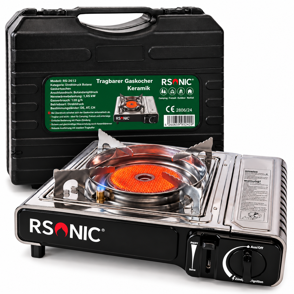 Rsonic Keramik Camping Gaskocher Campingkocher, Piezo, Windschutz inkl. Koffer