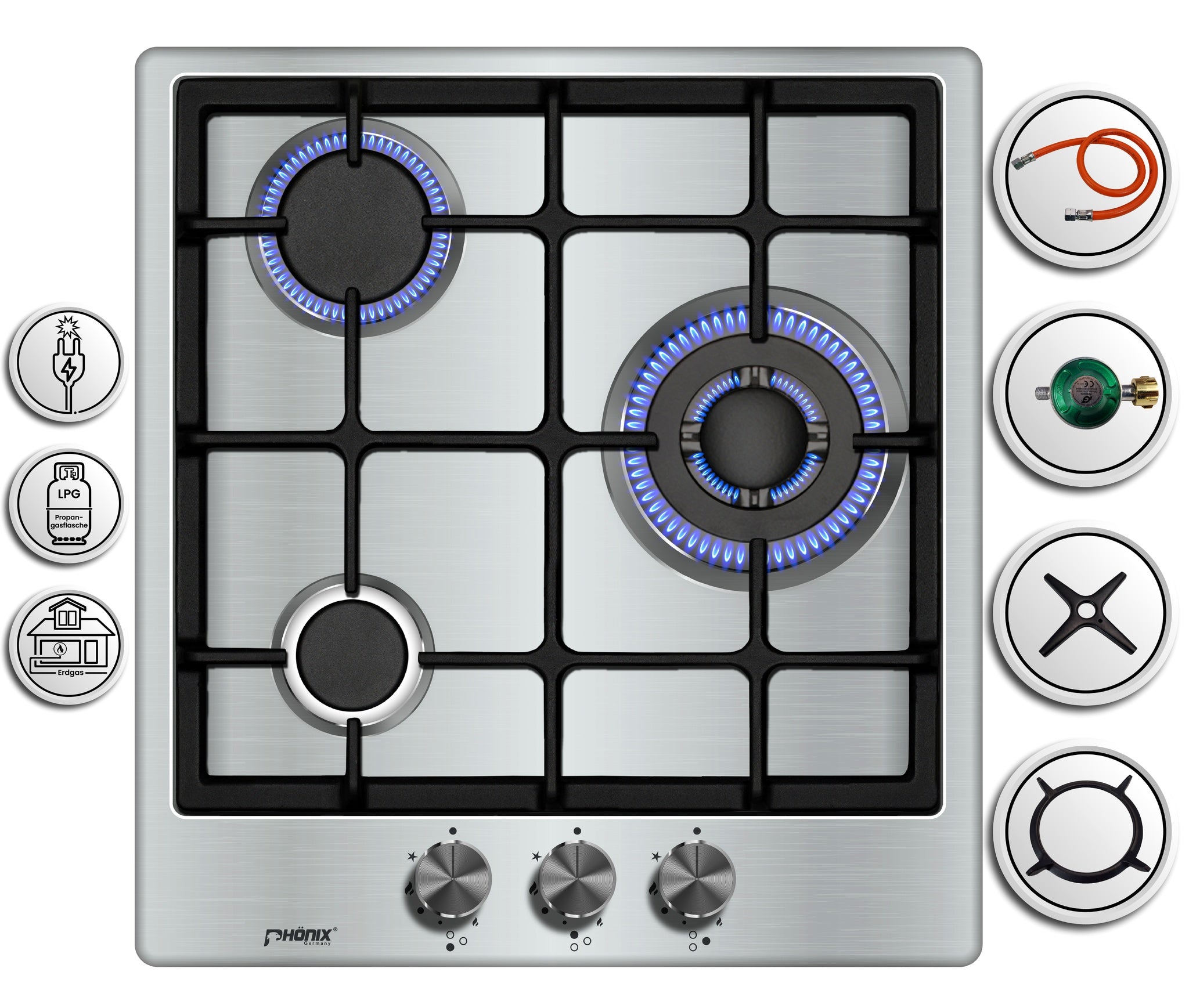 Phönix PS-450T Gaskochfeld 3 flammig Edelstahl Gaskocher + Zubehör
