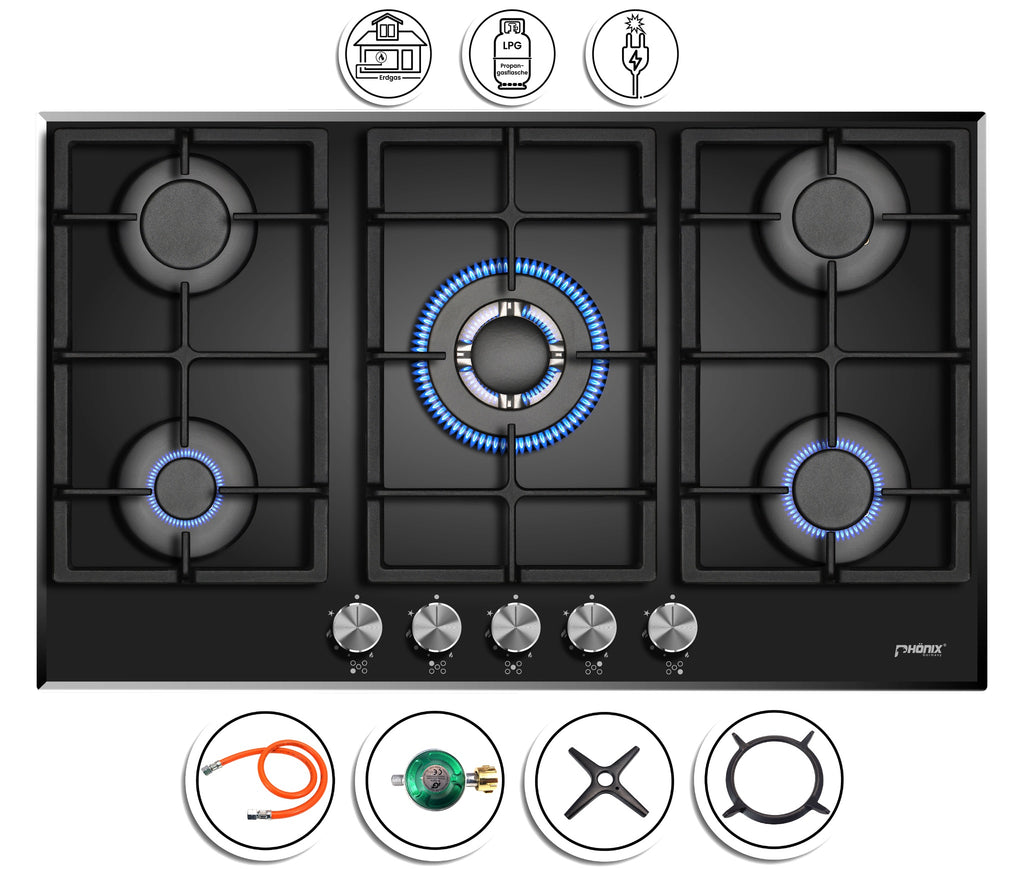 Phönix PG-901T Gaskochfeld 5 flammig Glas Einbauherd LPG/Erdgas