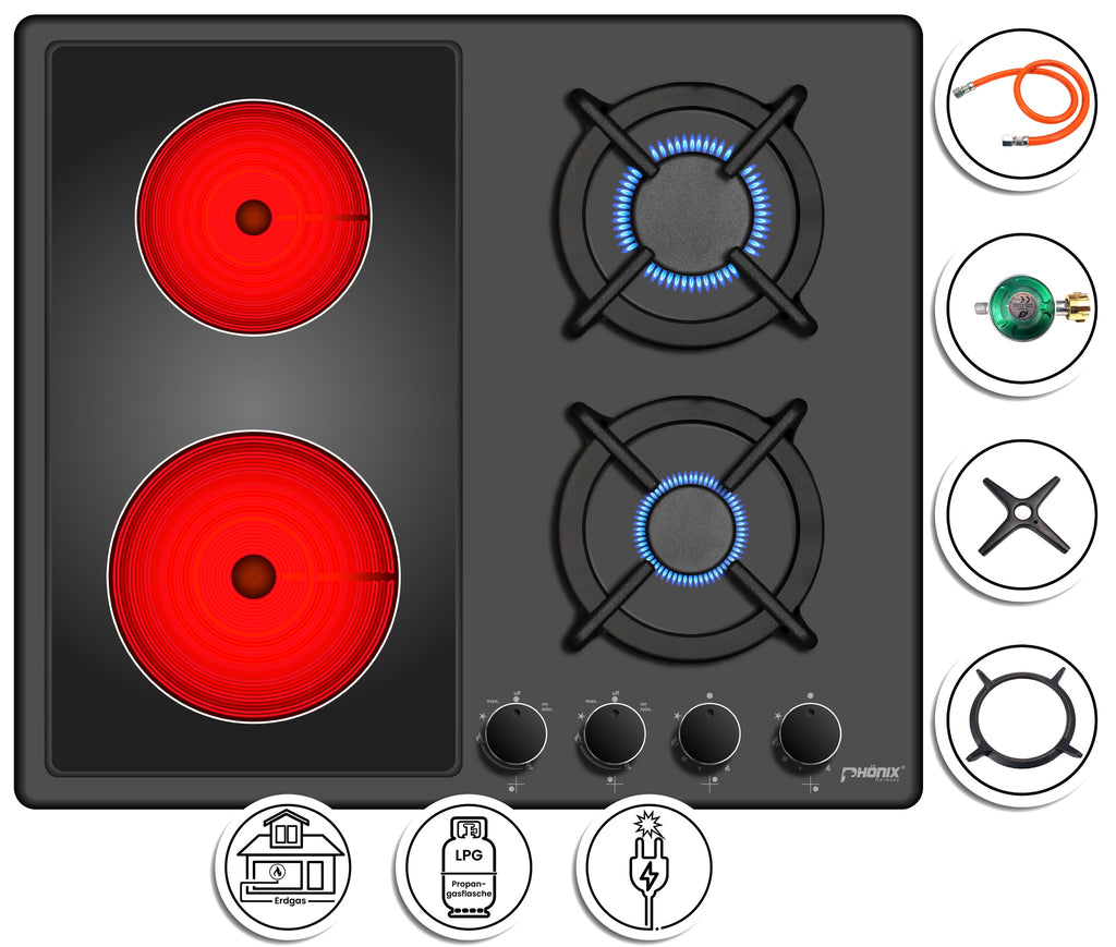 Phönix PE-603ET kombi Gaskochfeld 4 flammig Glaskeramik emailliert +