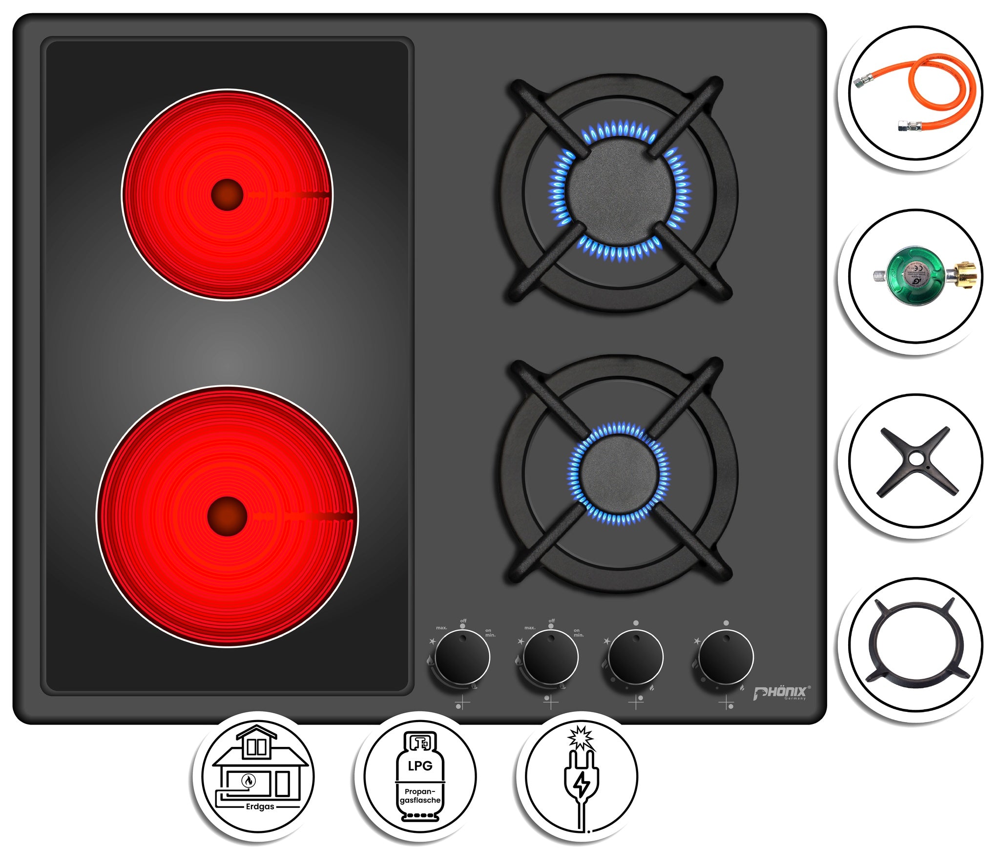 Phönix PE-603ET kombi Gaskochfeld 4 flammig Glaskeramik emailliert +