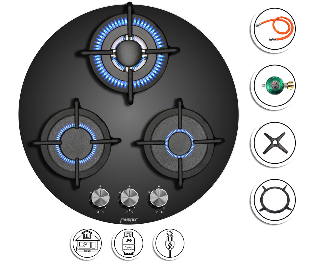 Phönix PG-603RT Gaskochfeld 3 flammig rund Gaskocher Propan /H-Gas +Set