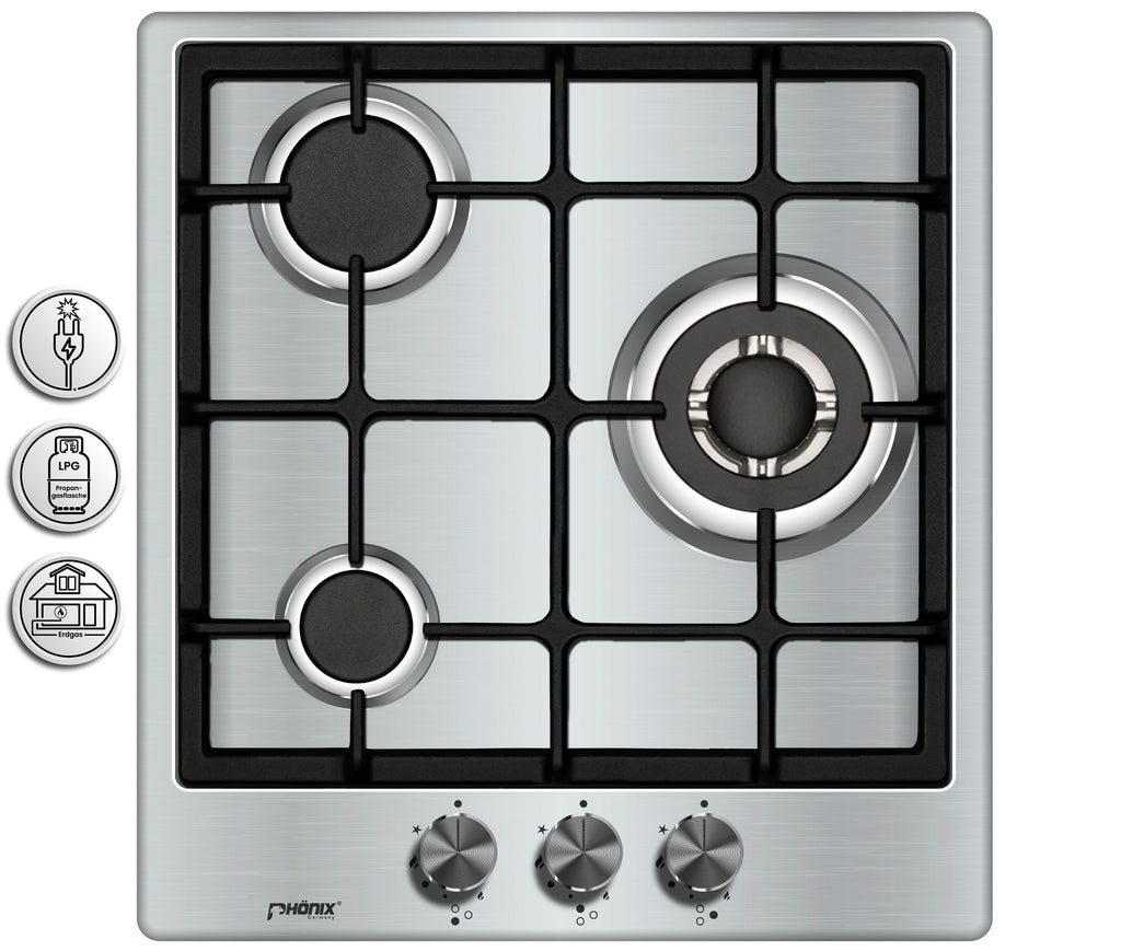 Phönix PS-450T Gaskochfeld 3 flammig Edelstahl Gaskocher + Zubehör