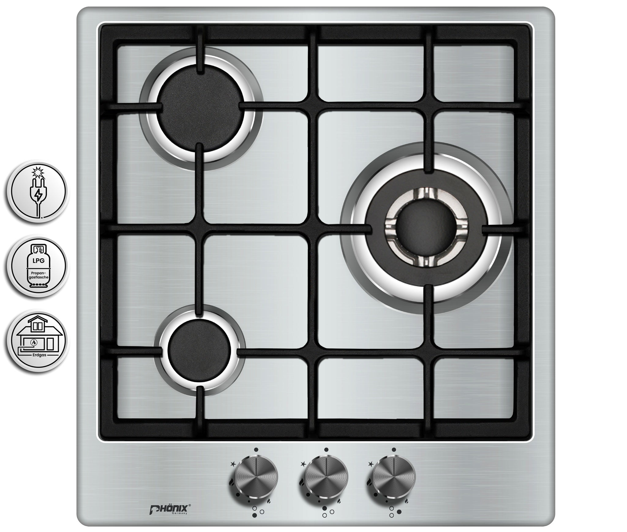 Phönix PS-450T Gaskochfeld 3 flammig Edelstahl Gaskocher + Zubehör