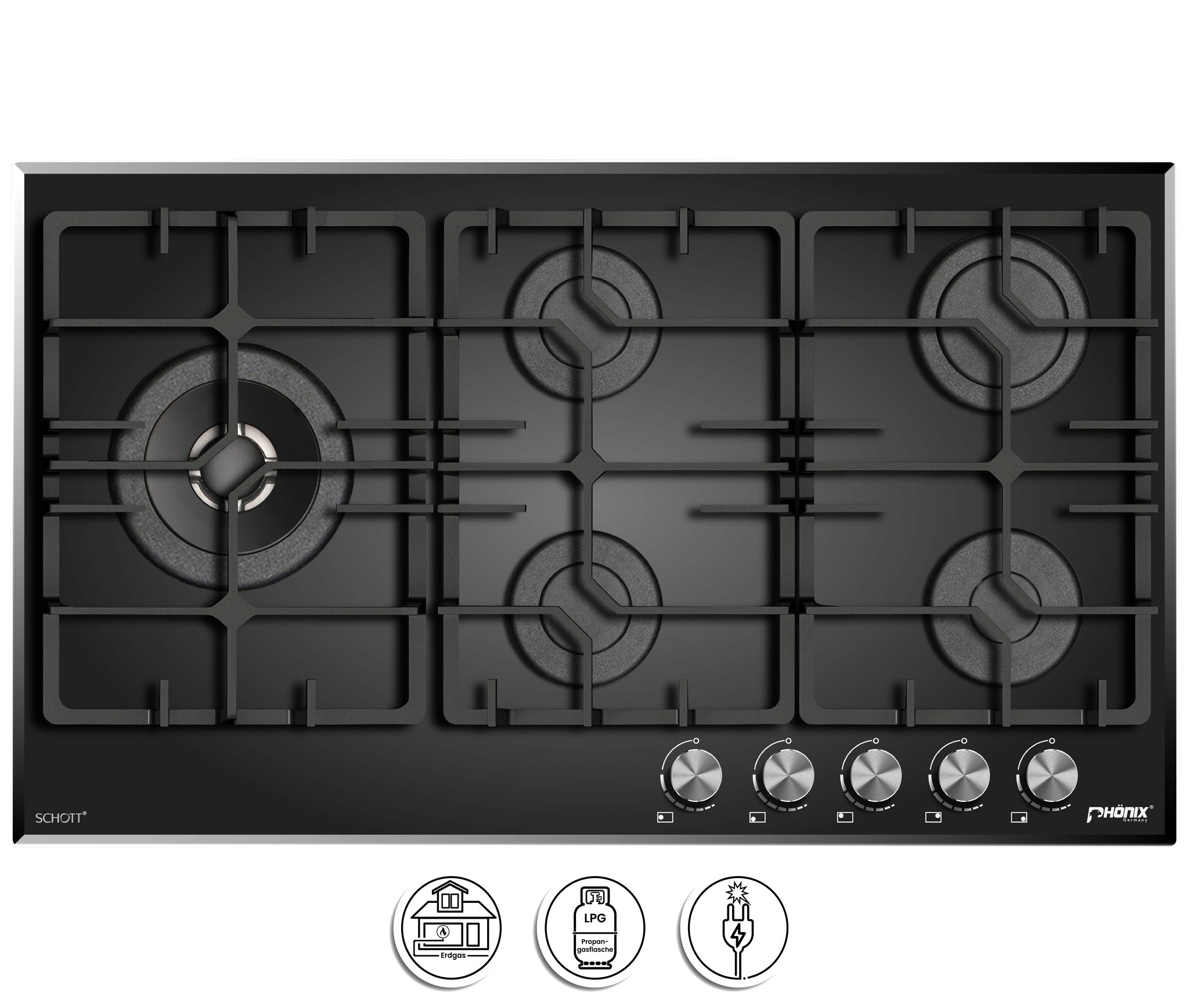 Phönix PG-905L Gaskochfeld Gaskocher 5 flammig 90cm Propan /H-Gas +Set