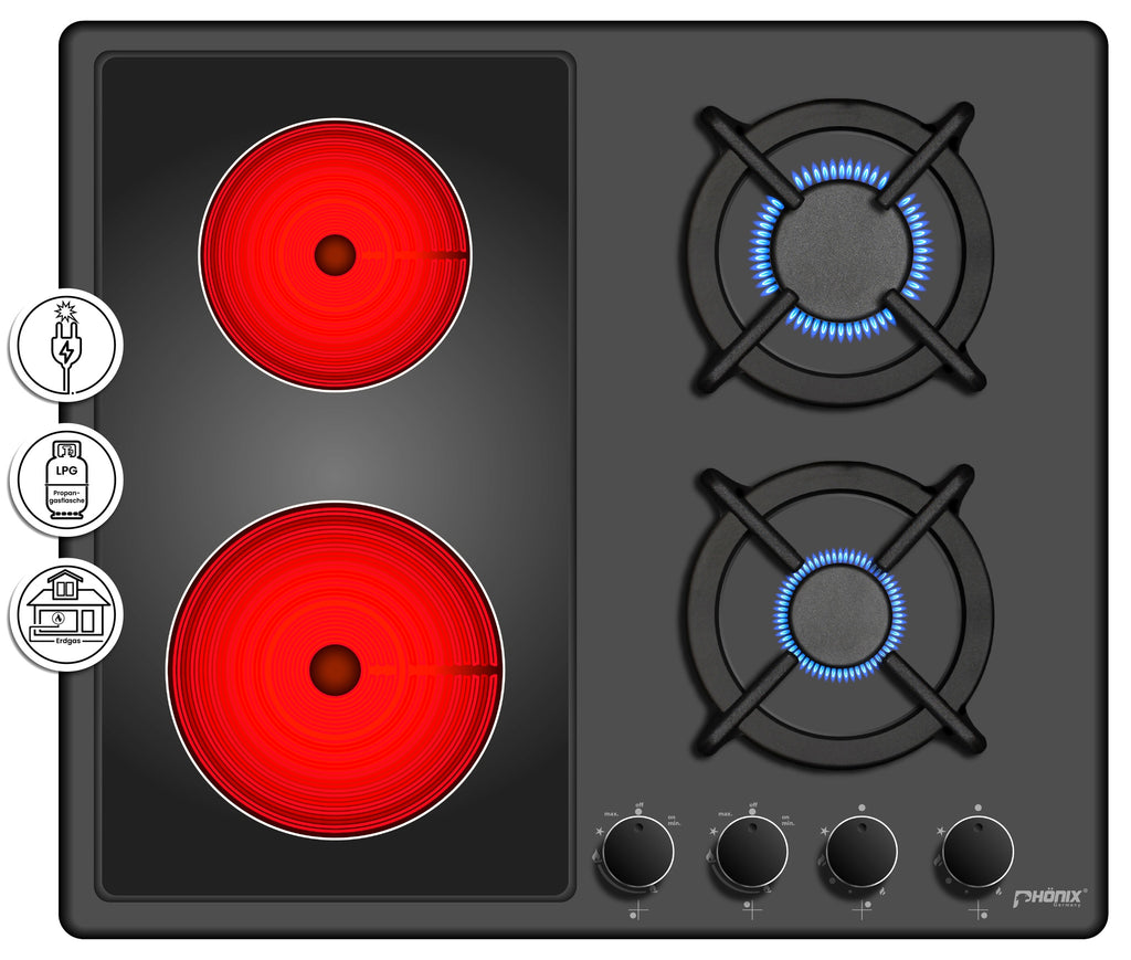 Phönix PE-603ET kombi Gaskochfeld 4 flammig Glaskeramik emailliert