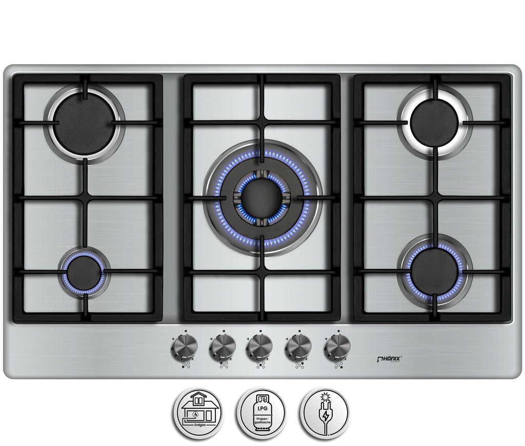 Phönix PS-901T Gaskochfeld Gaskocher 5 flammen Edelstahl Propan /H-Gas