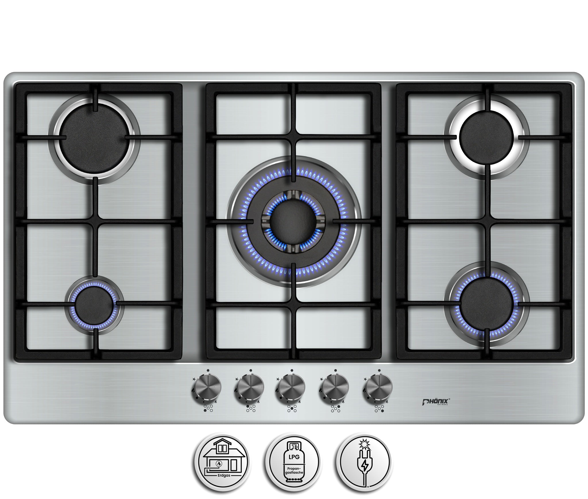 Phönix PS-901T Gaskochfeld Gaskocher 5 flammen Edelstahl Propan /H-Gas