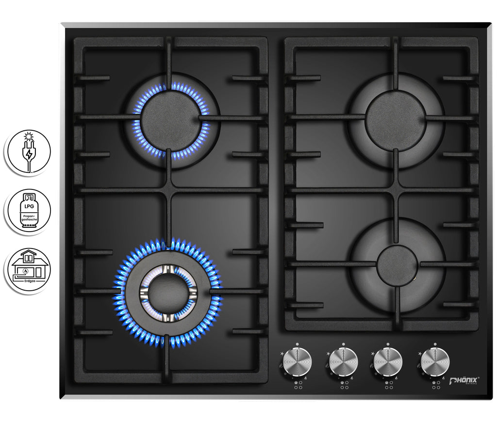 Phönix PG-603T Gaskochfeld 4 flammig Glas Einbauherd Propan /H-Gas