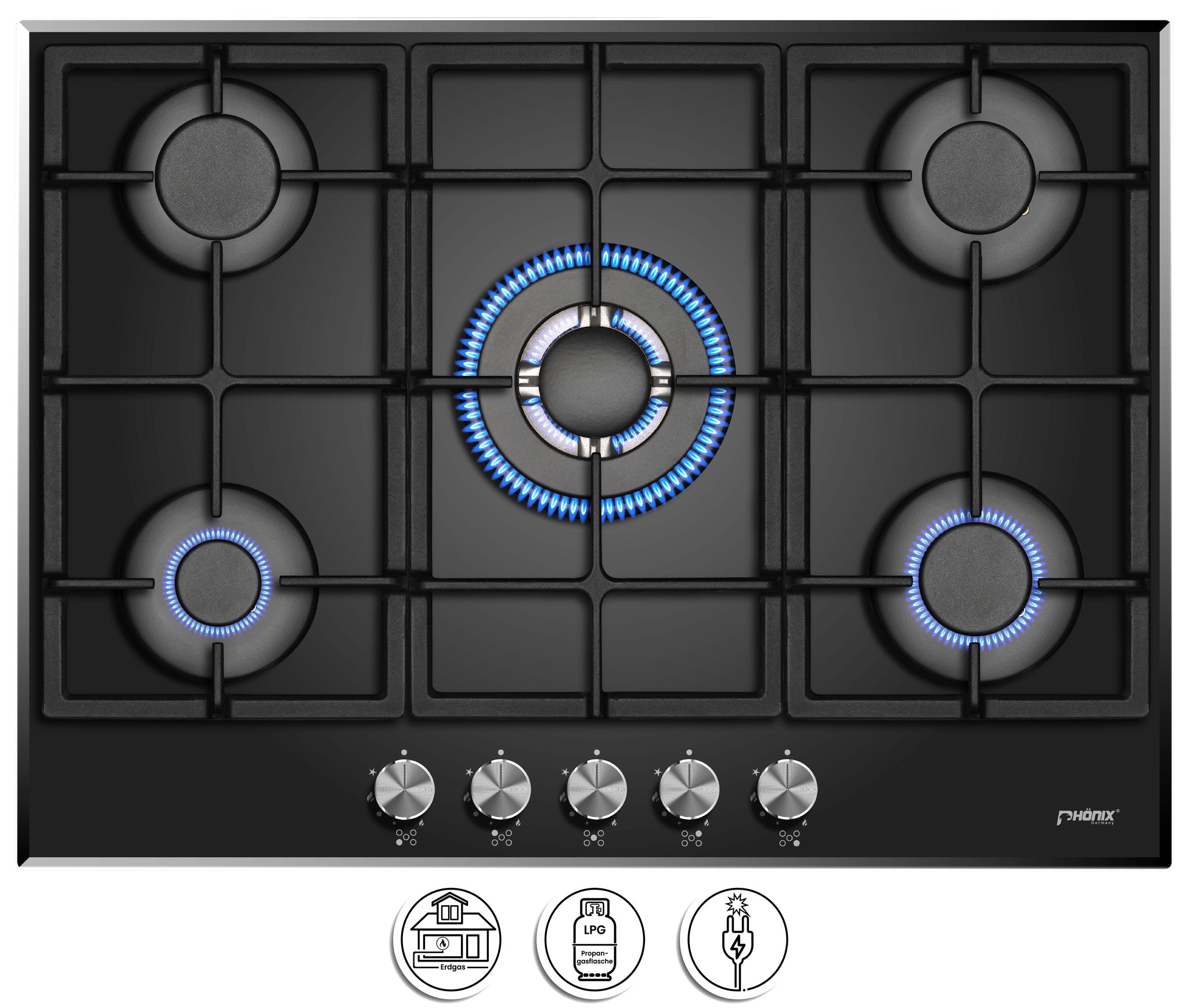 Phönix PG-701T Gaskochfeld 5 flammig Glas Einbauherd LPG /Erdgas