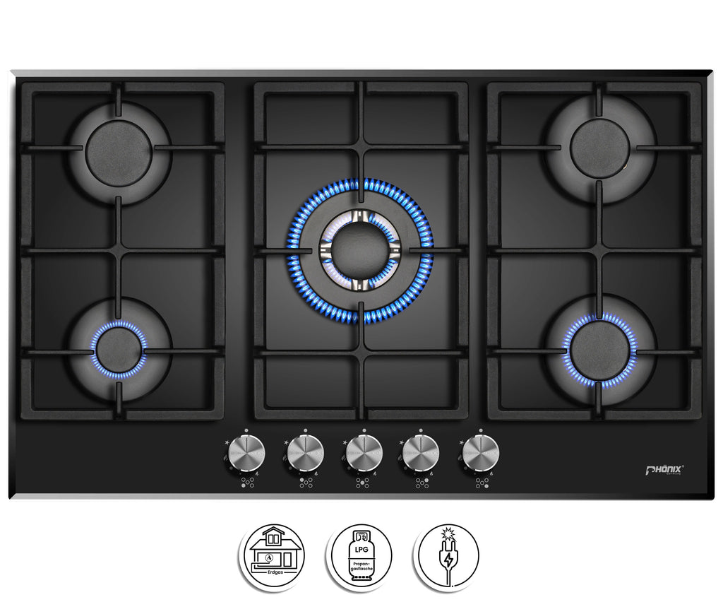Phönix PG-901T Gaskochfeld 5 flammig Glas Einbauherd Propan /Erdgas