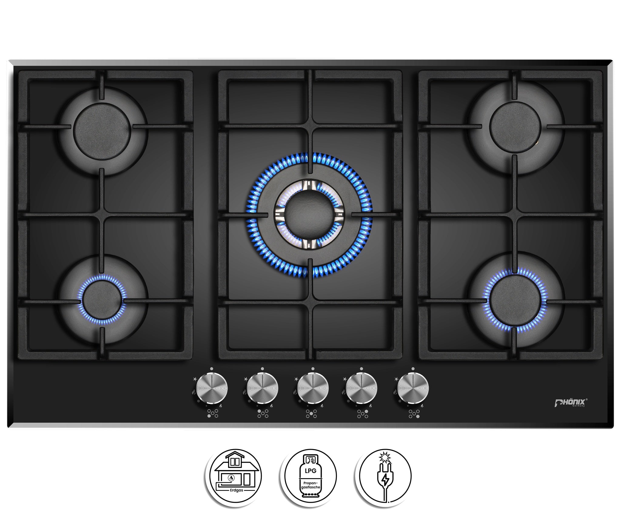 Phönix PG-901T Gaskochfeld 5 flammig Glas Einbauherd Propan /Erdgas