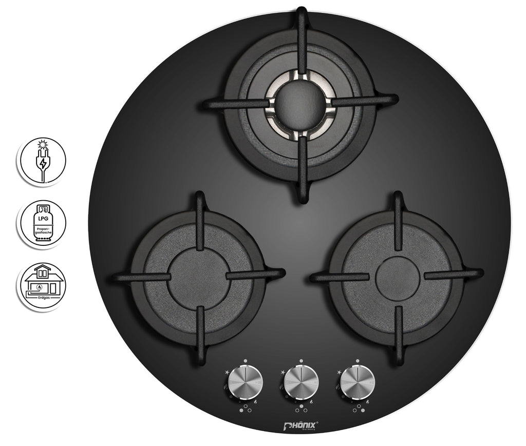 Phönix PG-603RT Gaskochfeld 3 flammig rund Gaskocher Propan /H-Gas +Set