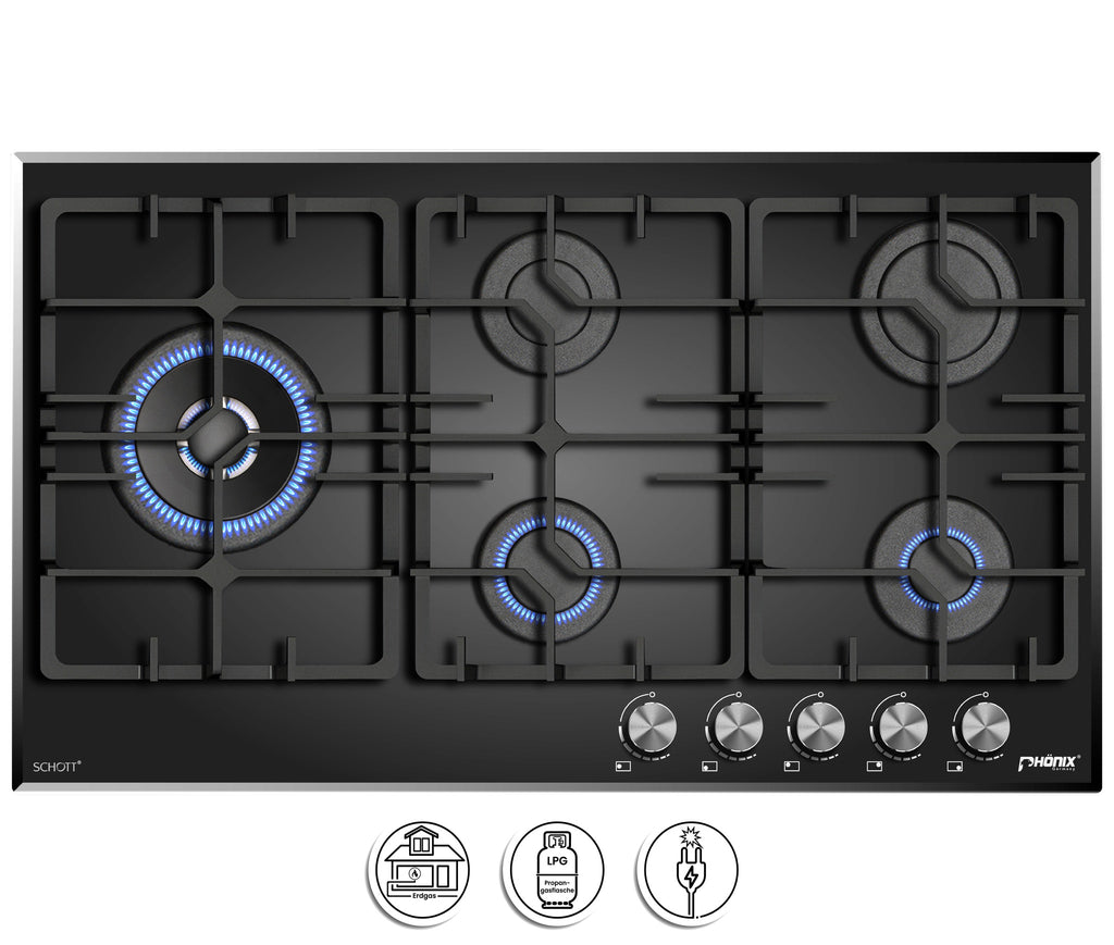Phönix PG-905L Gaskochfeld Gaskocher 5 flammig 90cm Propan /H-Gas +Set