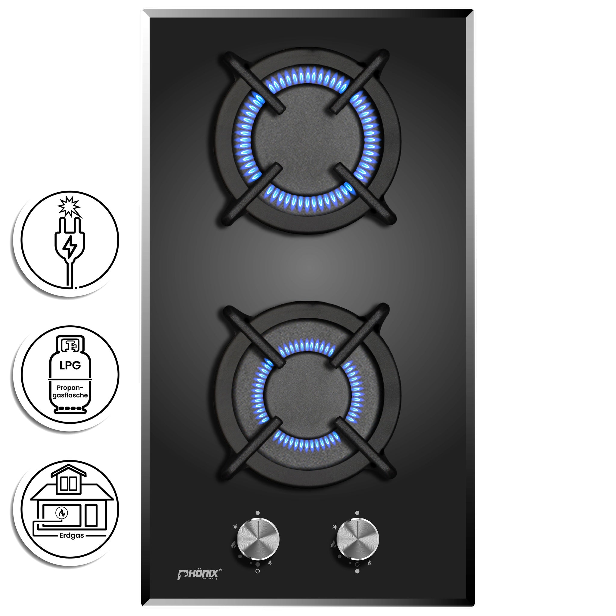 Phönix Domino-GT Gaskochfeld Glas 2 flammig Autark Propan /H-Gas