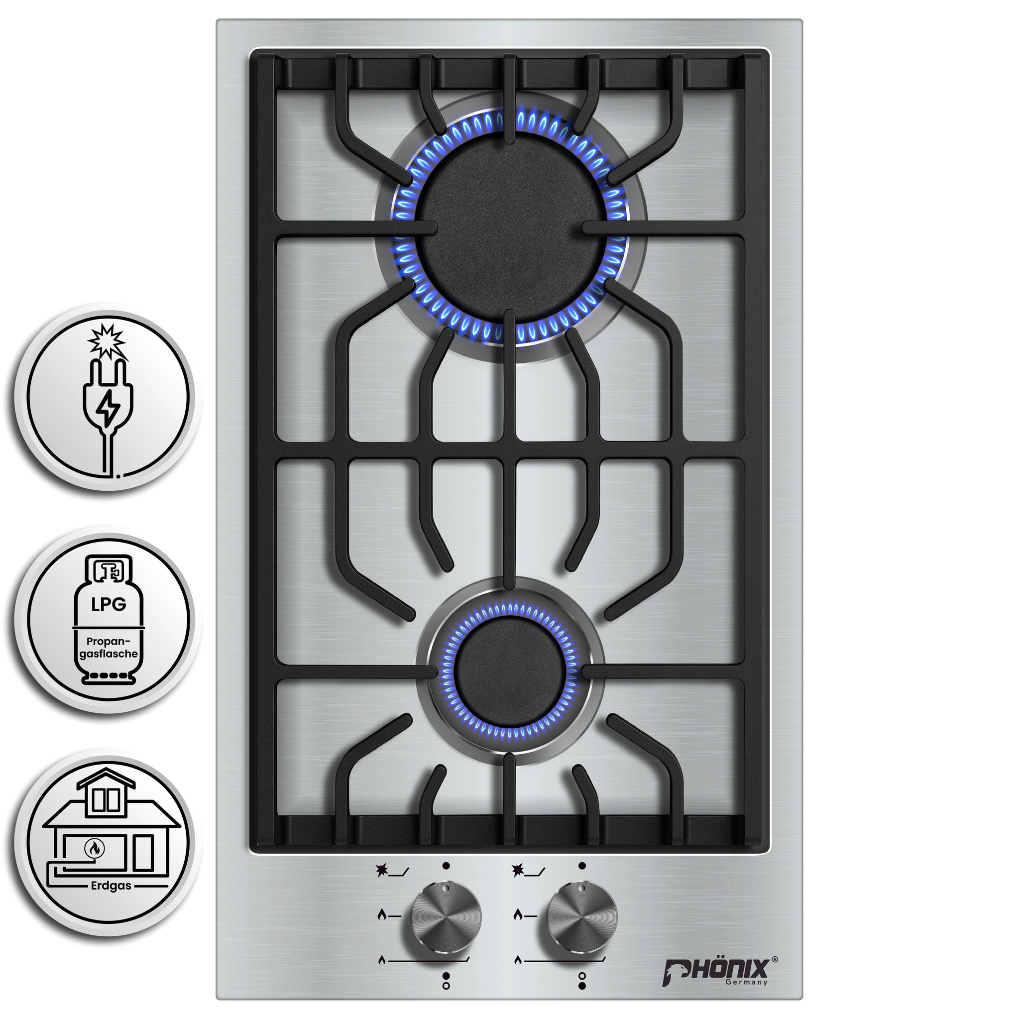 Phönix Domino-SL Gaskochfeld Edelstahl Gaskocher 2 flammig Propan /Erd
