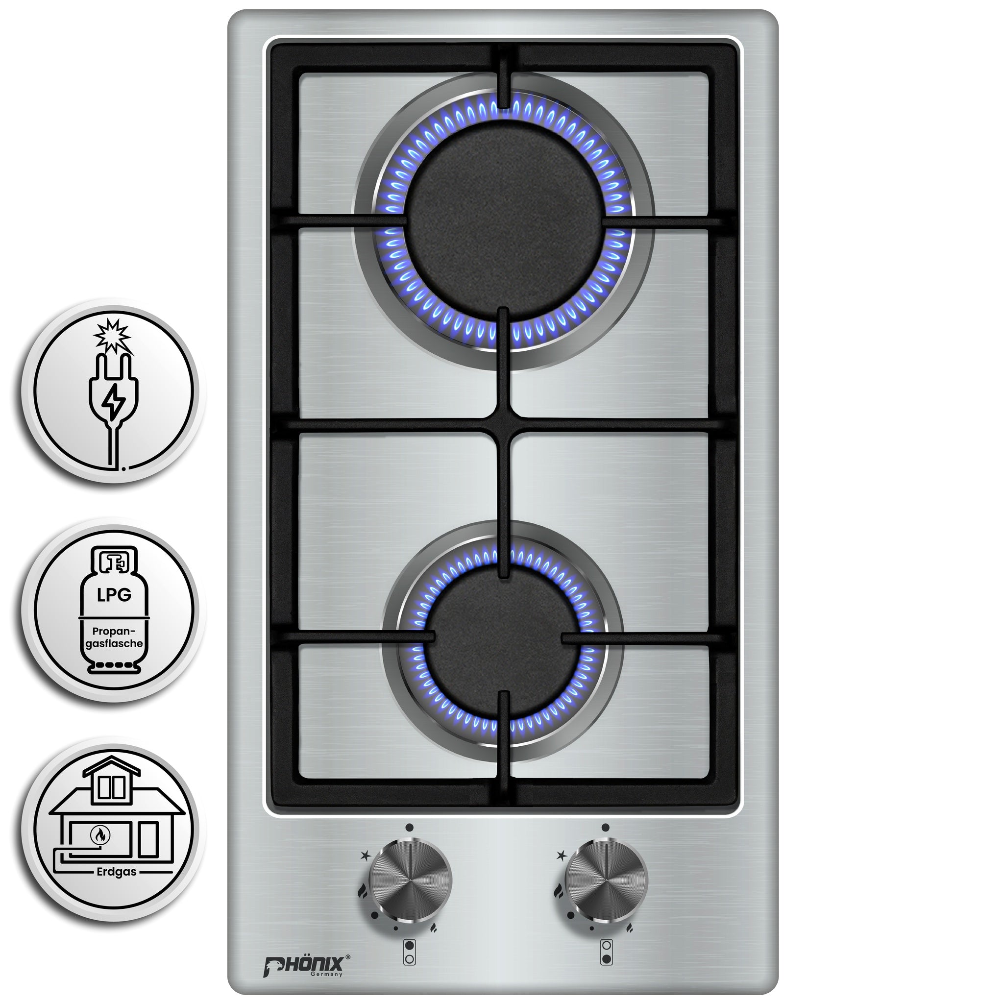 Phönix Domino-ST Gaskochfeld Edelstahl Gaskocher 2 flammig Propan +Set