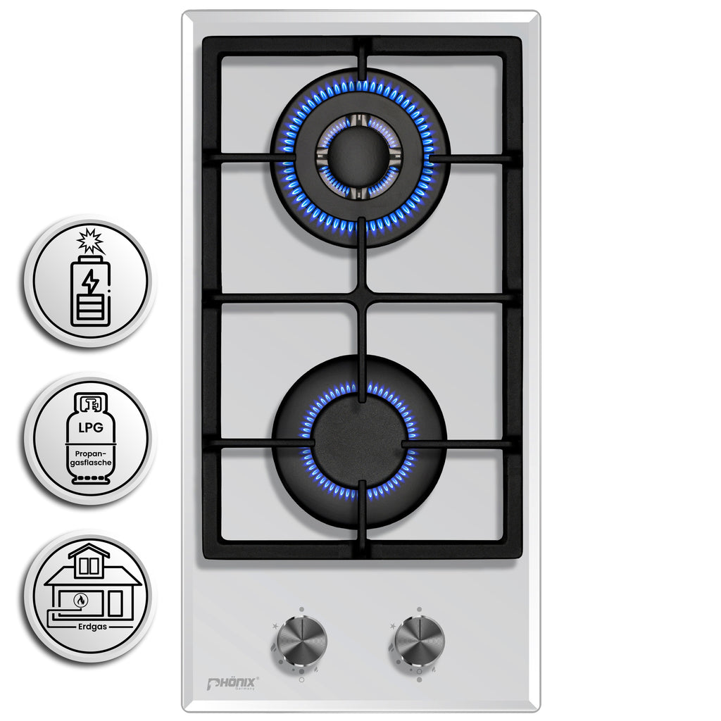Phönix Domino-GW Gaskochfeld Weiß Glas 2 flammig Autark Propan /H-Gas