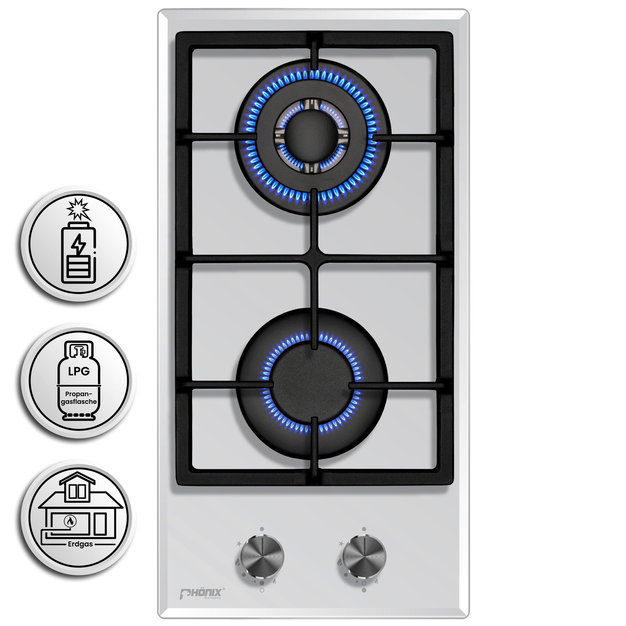Phönix Domino-GW Gaskochfeld Weiß Glas 2 flammig Autark Propan /H-Gas