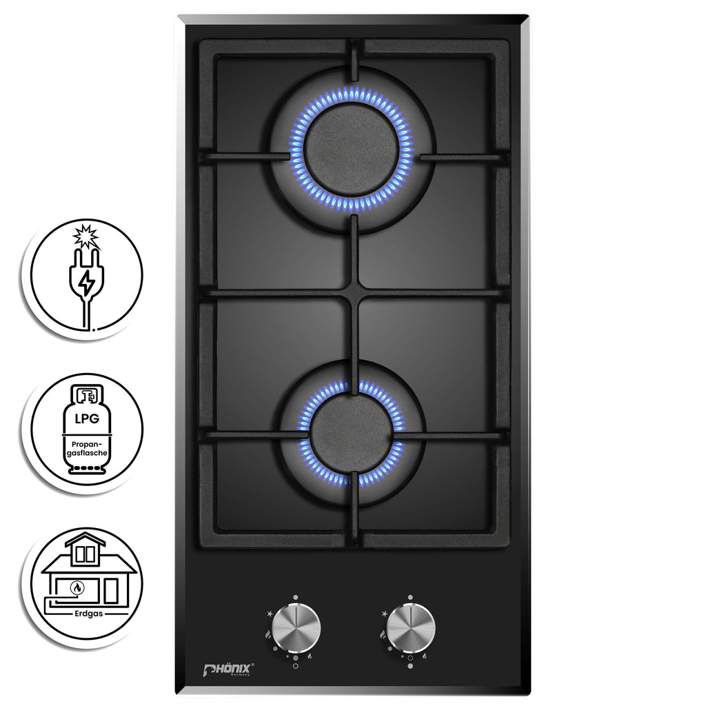 Phönix Domino-DG Gaskochfeld Glas Gaskocher 2 flammig, Propan /H-Gas