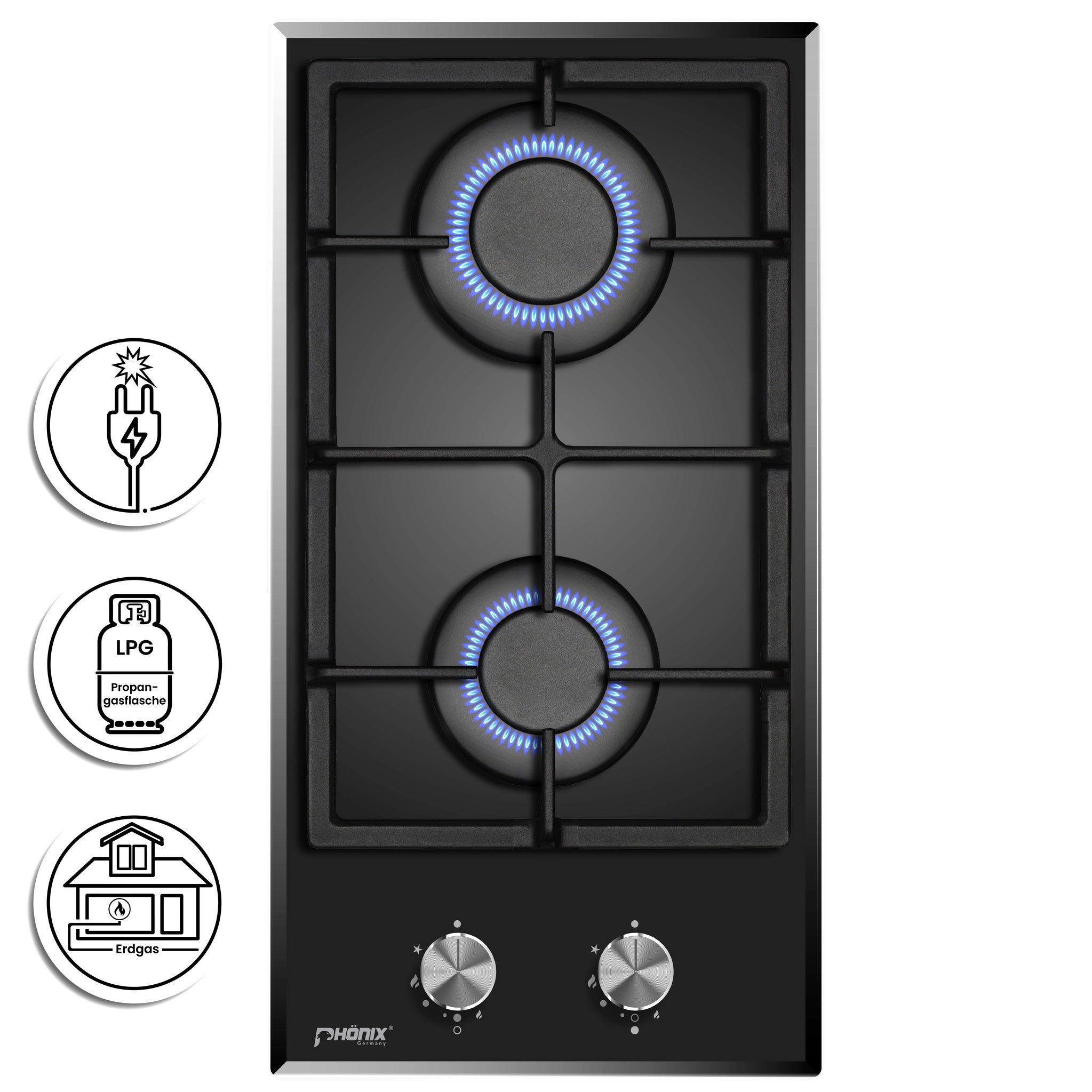 Phönix Domino-DG Gaskochfeld Glas Gaskocher 2 flammig, Propan /H-Gas