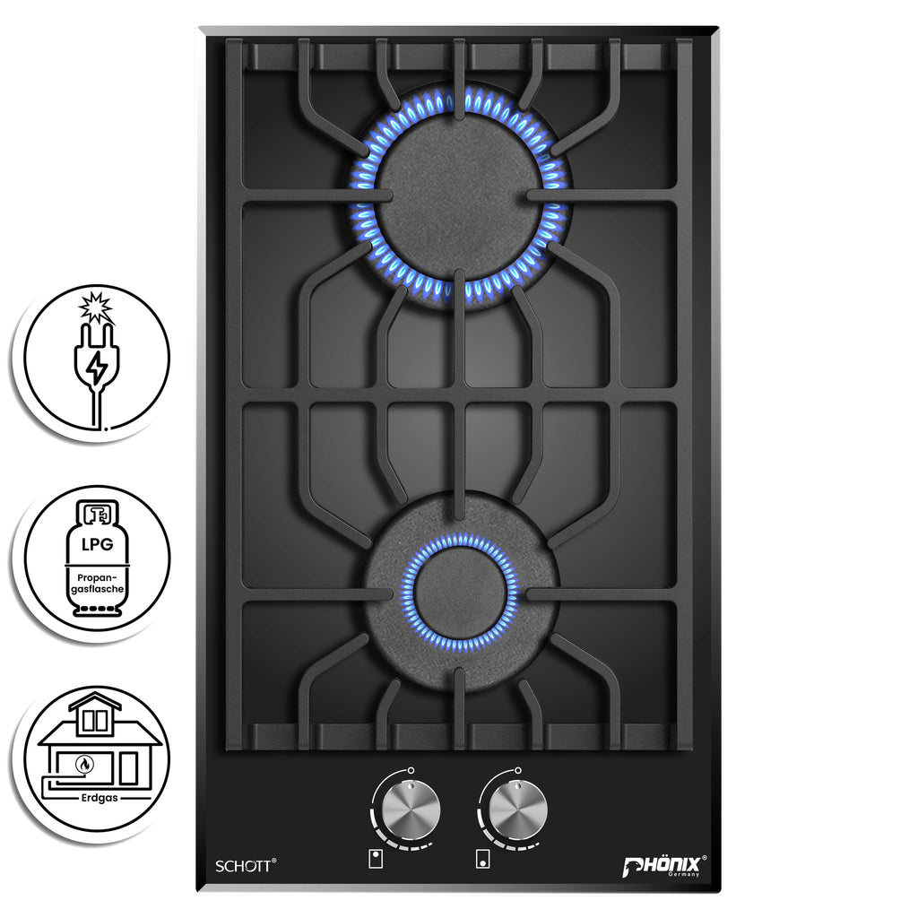 Phönix Domino-GL Gaskochfeld Glas Gaskocher 2 flammig, Propan / H-Gas
