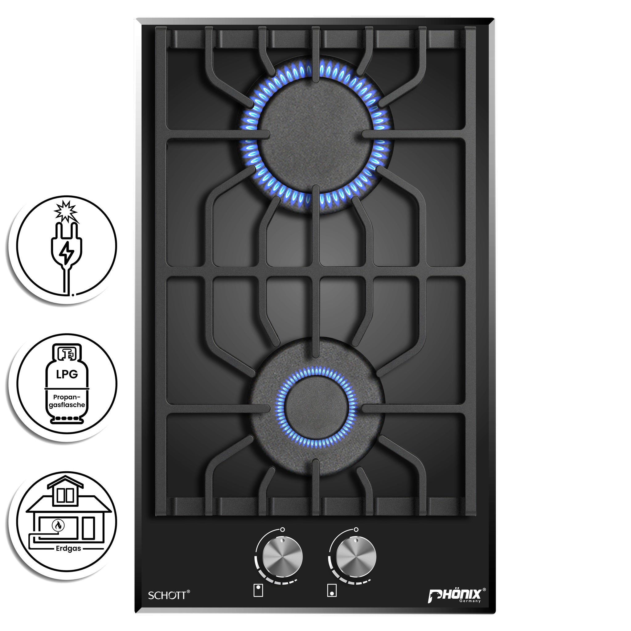 Phönix Domino-GL Gaskochfeld Glas Gaskocher 2 flammig, Propan / H-Gas