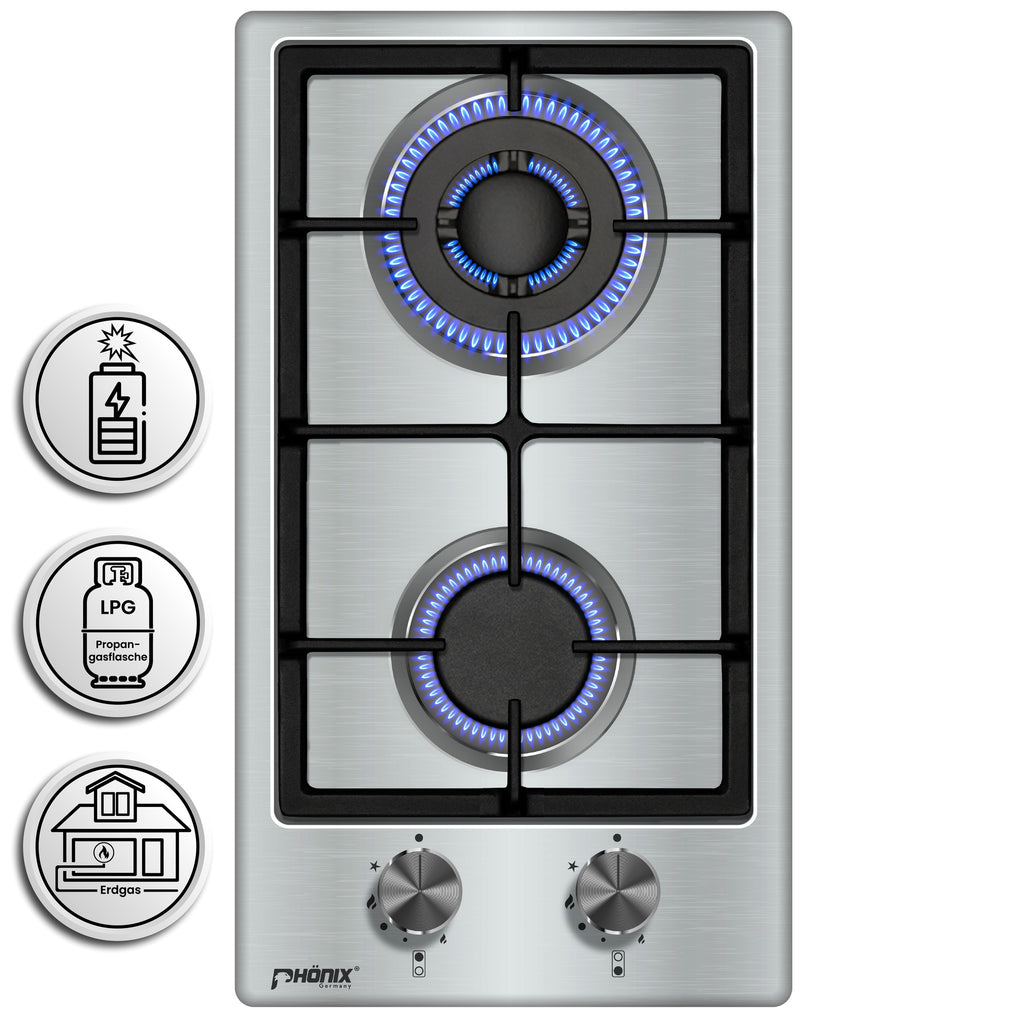 Phönix 102SBT Gaskochfeld Edelstahl Gaskocher 2 flammig, Propan /H-Gas