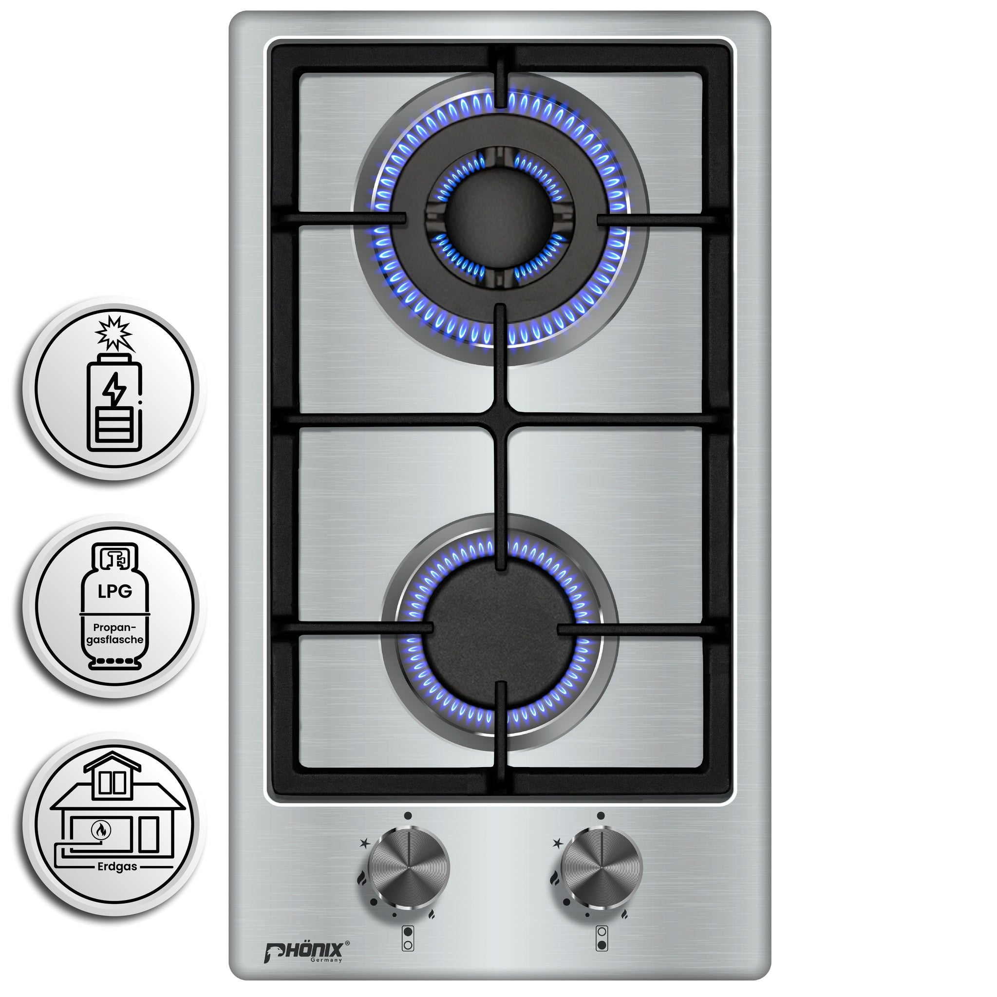 Phönix 102SBT Gaskochfeld Edelstahl Gaskocher 2 flammig, Propan /H-Gas