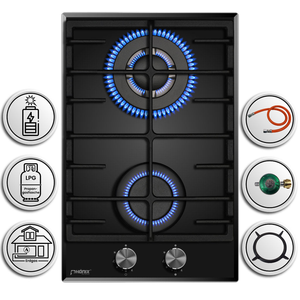 Phönix 112GBT Gaskochfeld Glas Gaskocher 2 flammig, Propan /H-Gas +Set