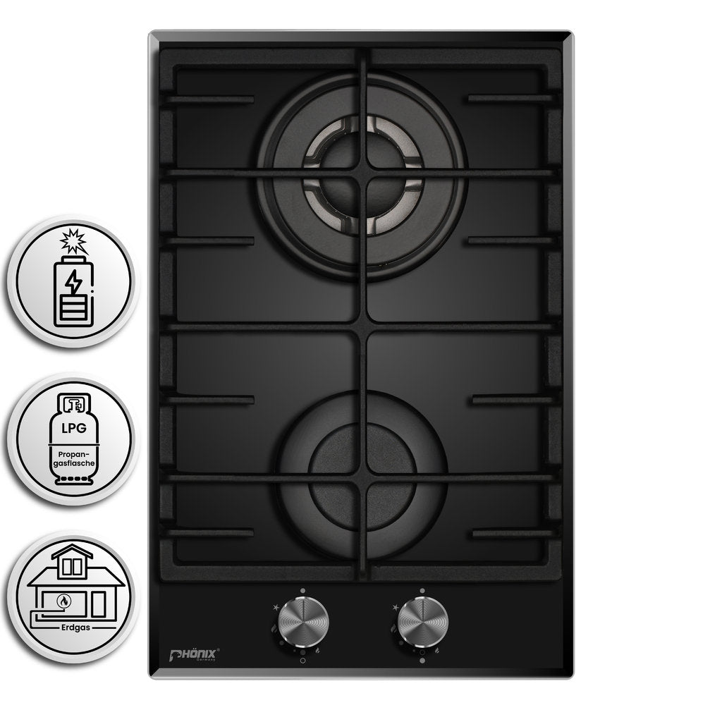 Phönix 112GBT Gaskochfeld Glas Gaskocher 2 flammig, Propan /H-Gas +Set