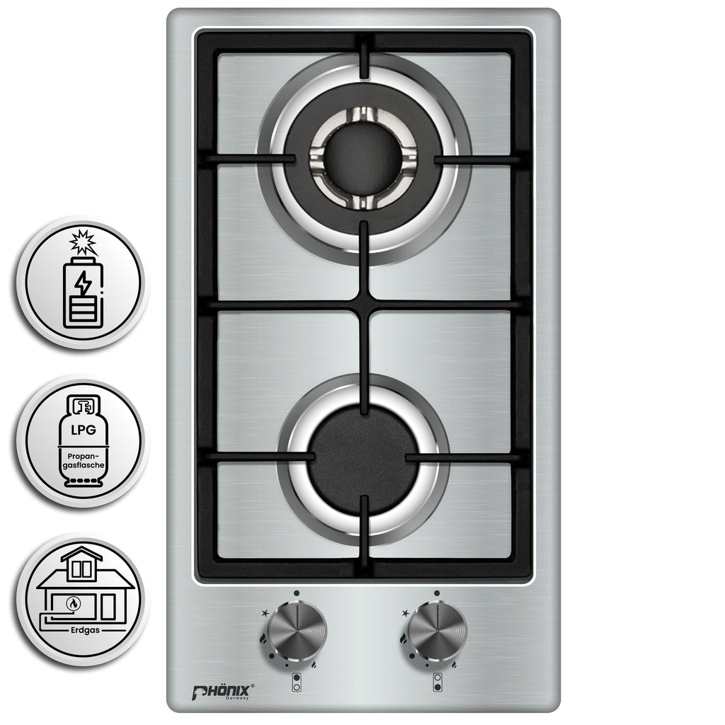 Phönix 102SBT Gaskochfeld Edelstahl Gaskocher 2 flammig, Propan /H-Gas