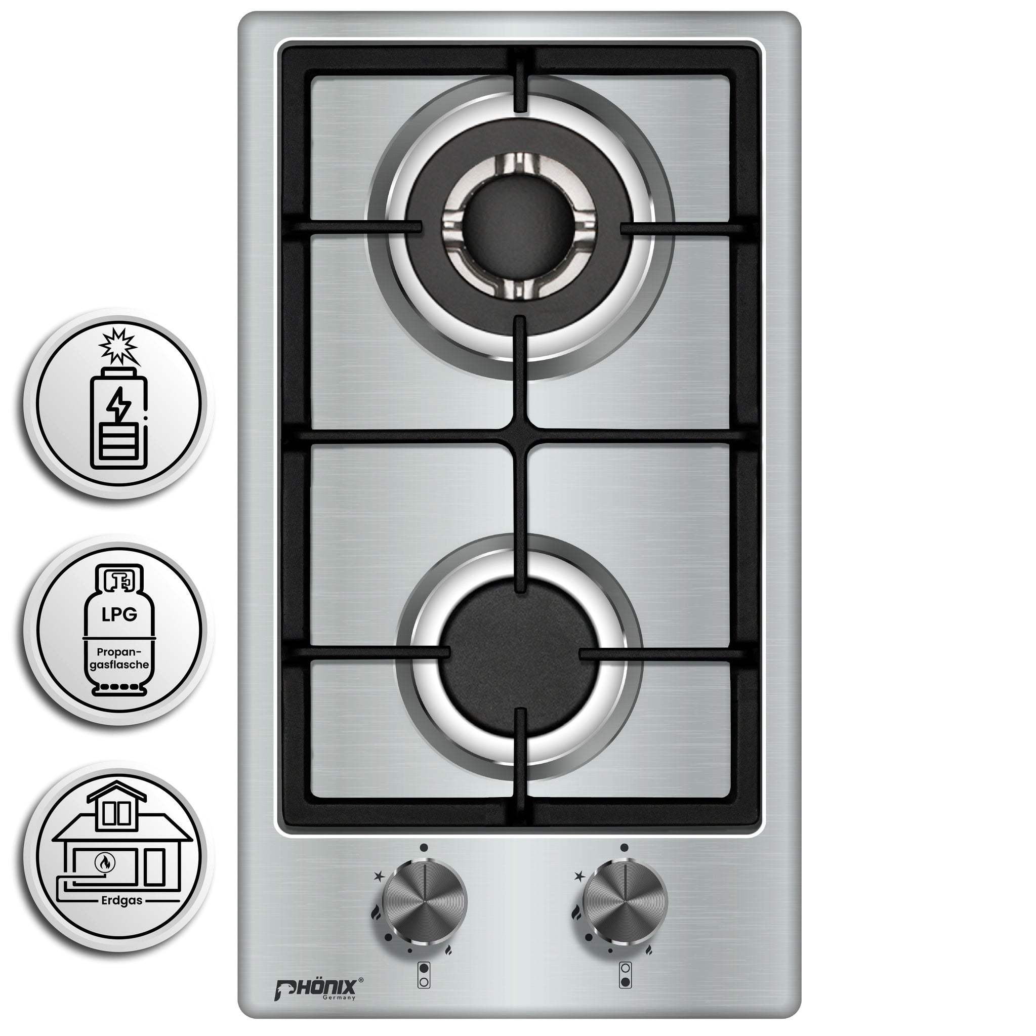 Phönix 102SBT Gaskochfeld Edelstahl Gaskocher 2 flammig, Propan /H-Gas