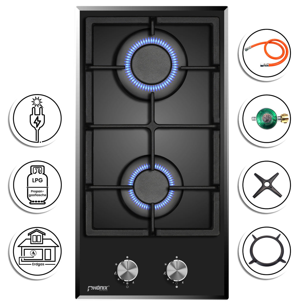 Phönix Domino-DG Gaskochfeld Glas Gaskocher 2 flammig, Propan /H-Gas