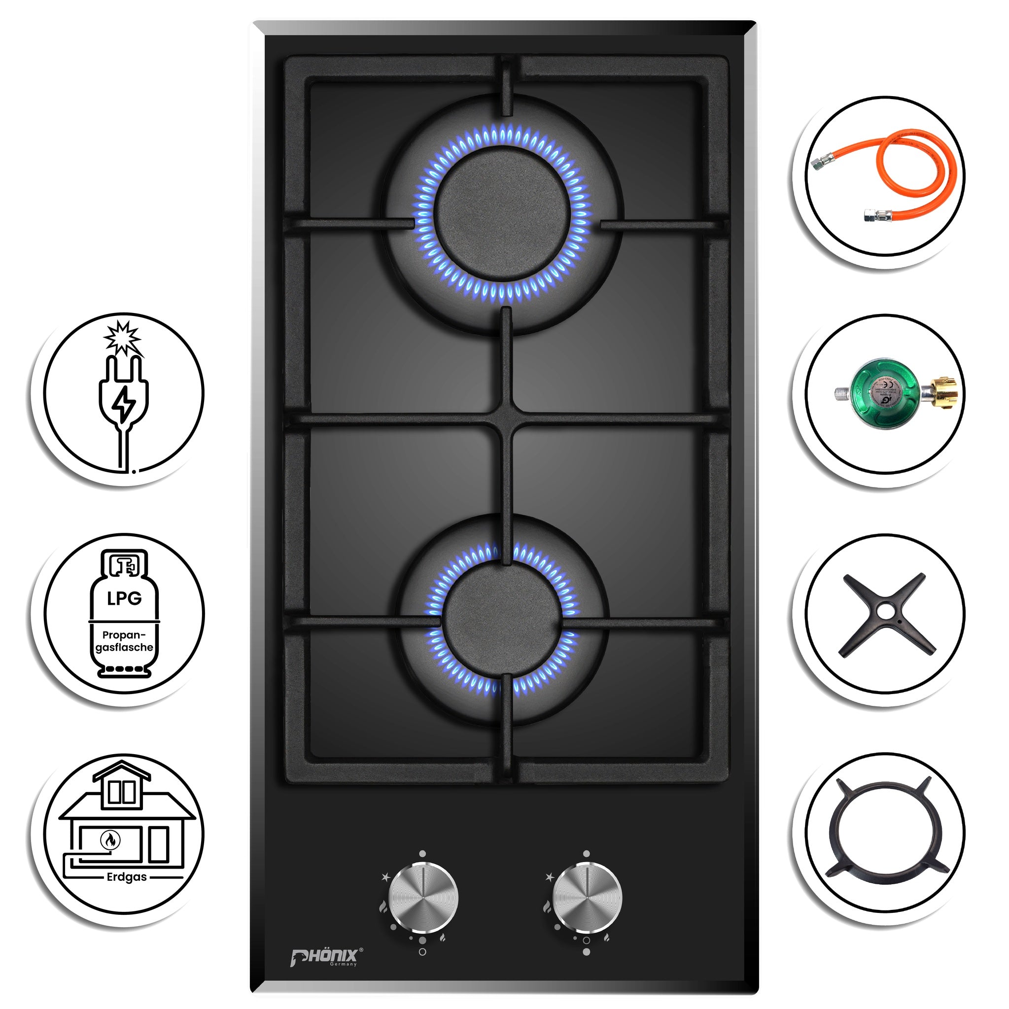 Phönix Domino-DG Gaskochfeld Glas Gaskocher 2 flammig, Propan /H-Gas