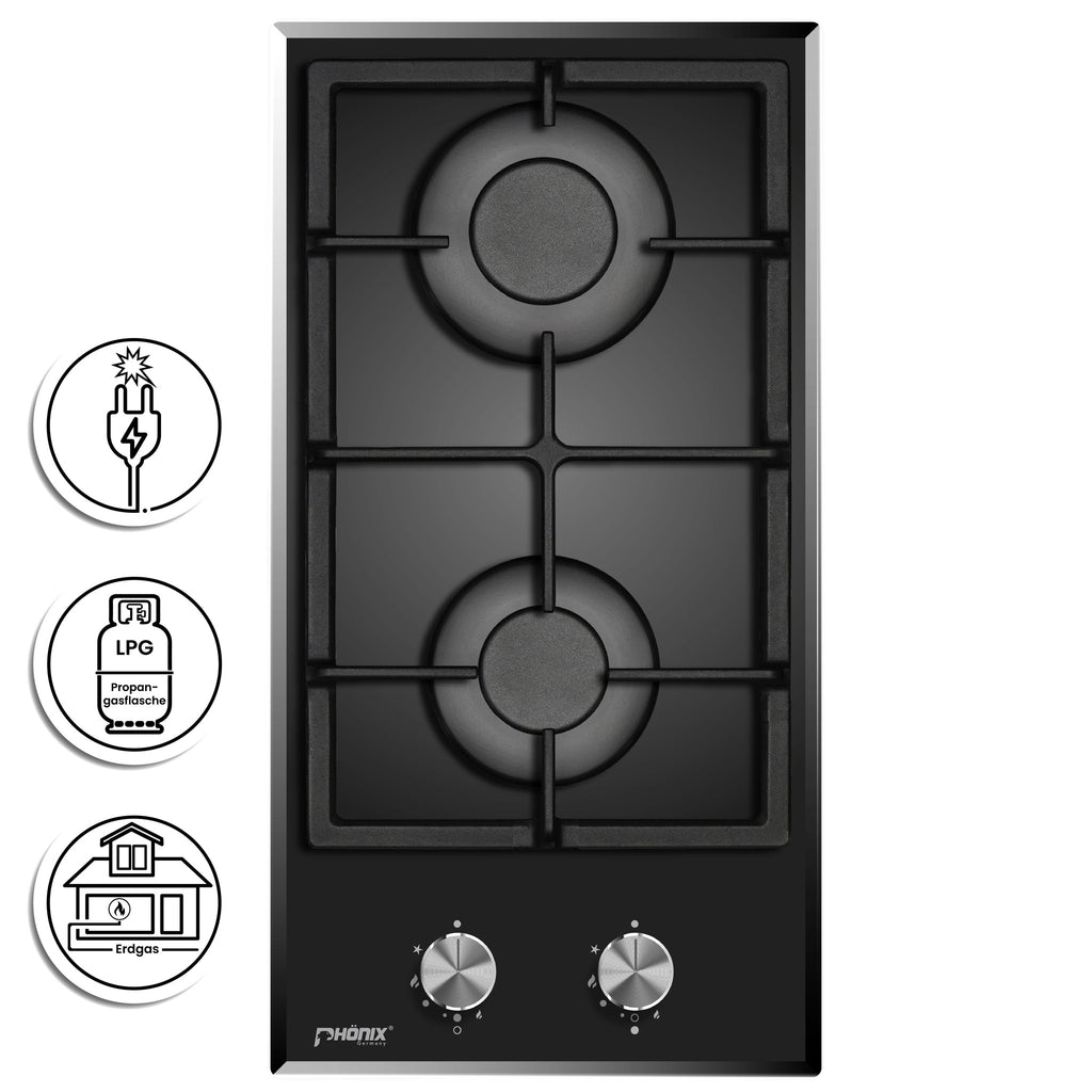Phönix Domino-DG Gaskochfeld Glas Gaskocher 2 flammig, Propan /H-Gas
