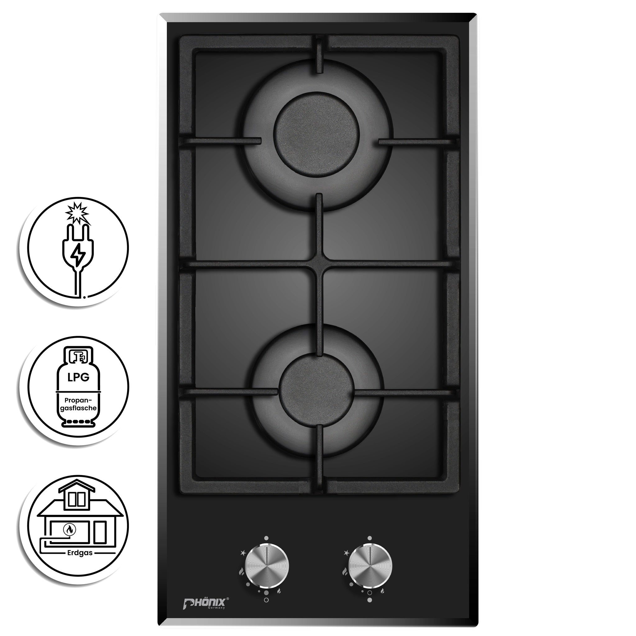 Phönix Domino-DG Gaskochfeld Glas Gaskocher 2 flammig, Propan /H-Gas