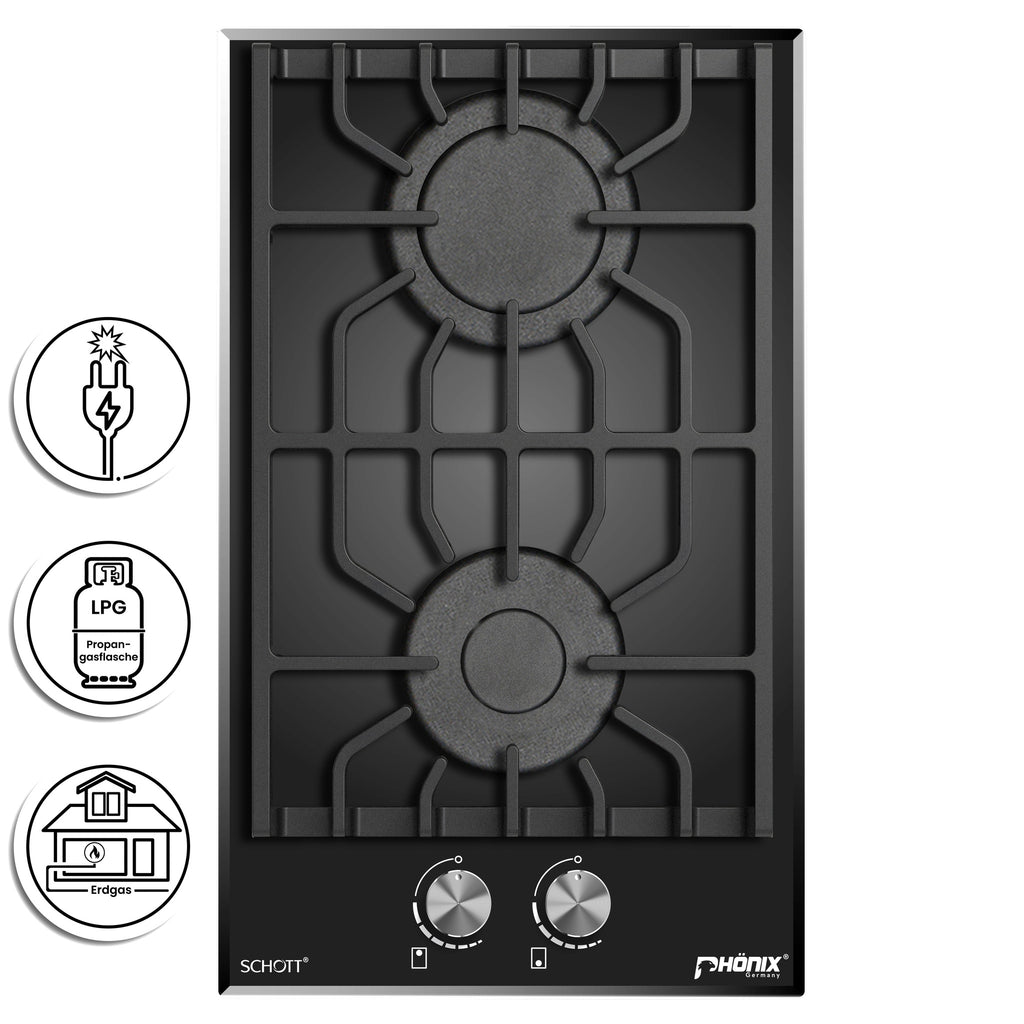 Phönix Domino-GL Gaskochfeld Glas Gaskocher 2 flammig, Propan / H-Gas