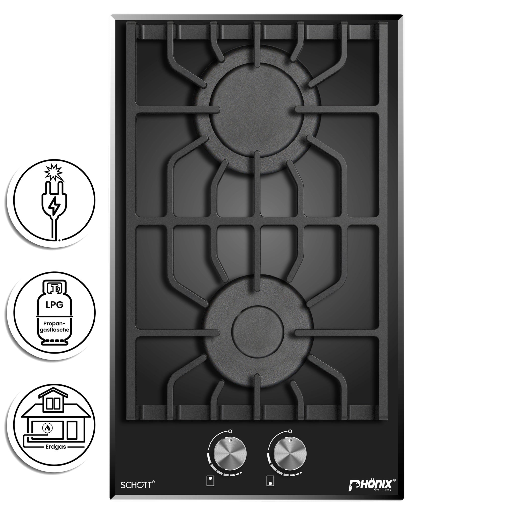 Phönix Domino-GL Gaskochfeld Glas Gaskocher 2 flammig, Propan / H-Gas