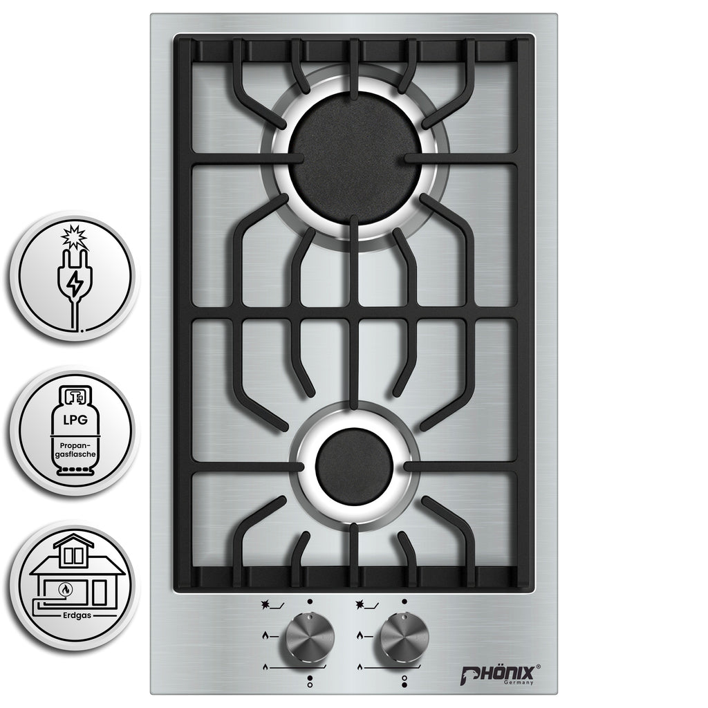 Phönix Domino-SL Gaskochfeld Edelstahl Gaskocher 2 flammig Propan /Erd