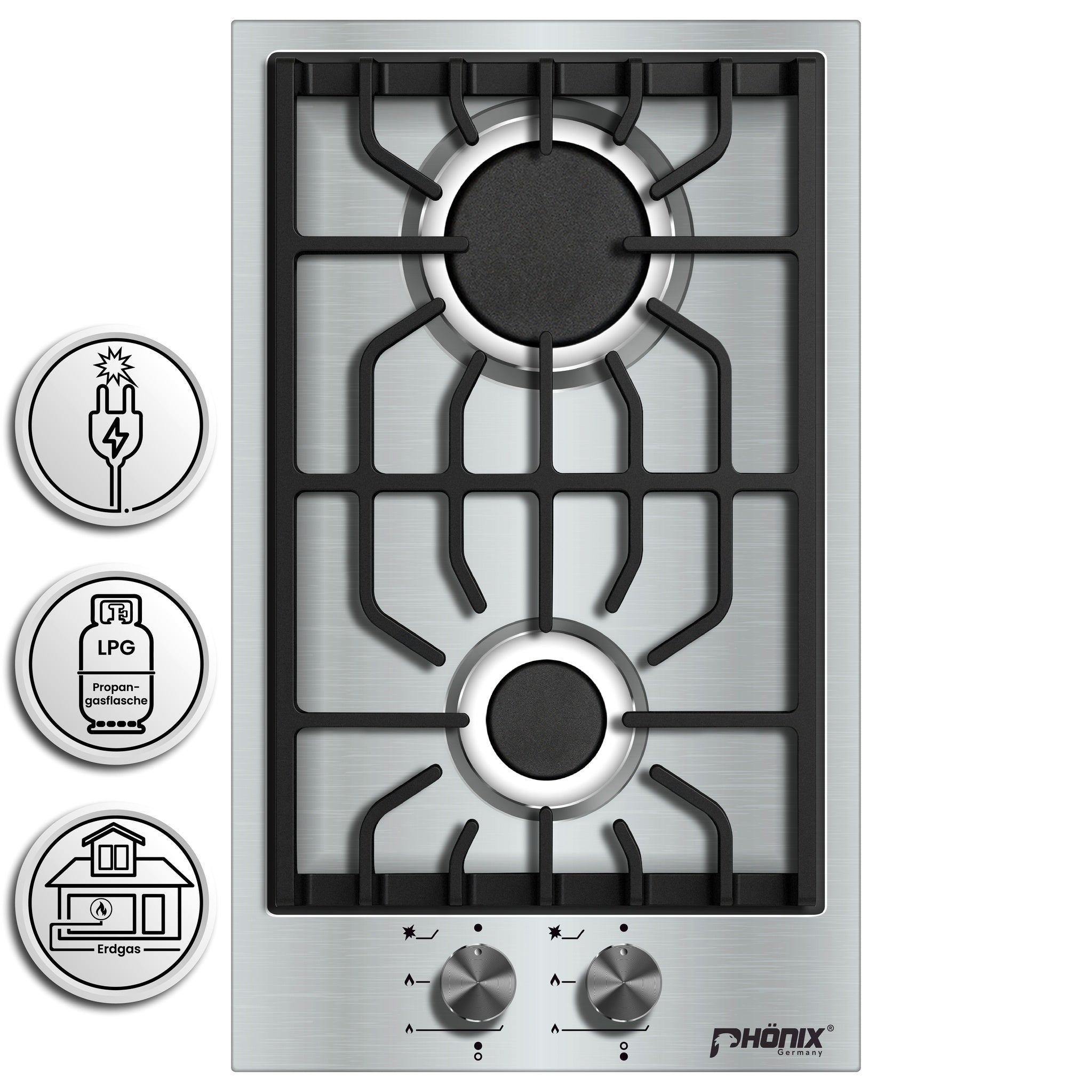 Phönix Domino-SL Gaskochfeld Edelstahl Gaskocher 2 flammig Propan /Erd