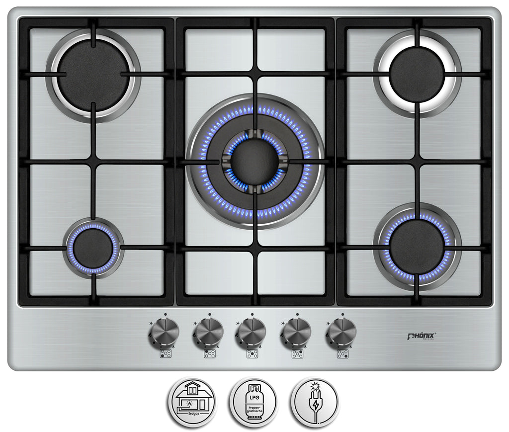 Phönix PS-701T Gaskochfeld 5 flammig Edelstahl Propan /H-Gas
