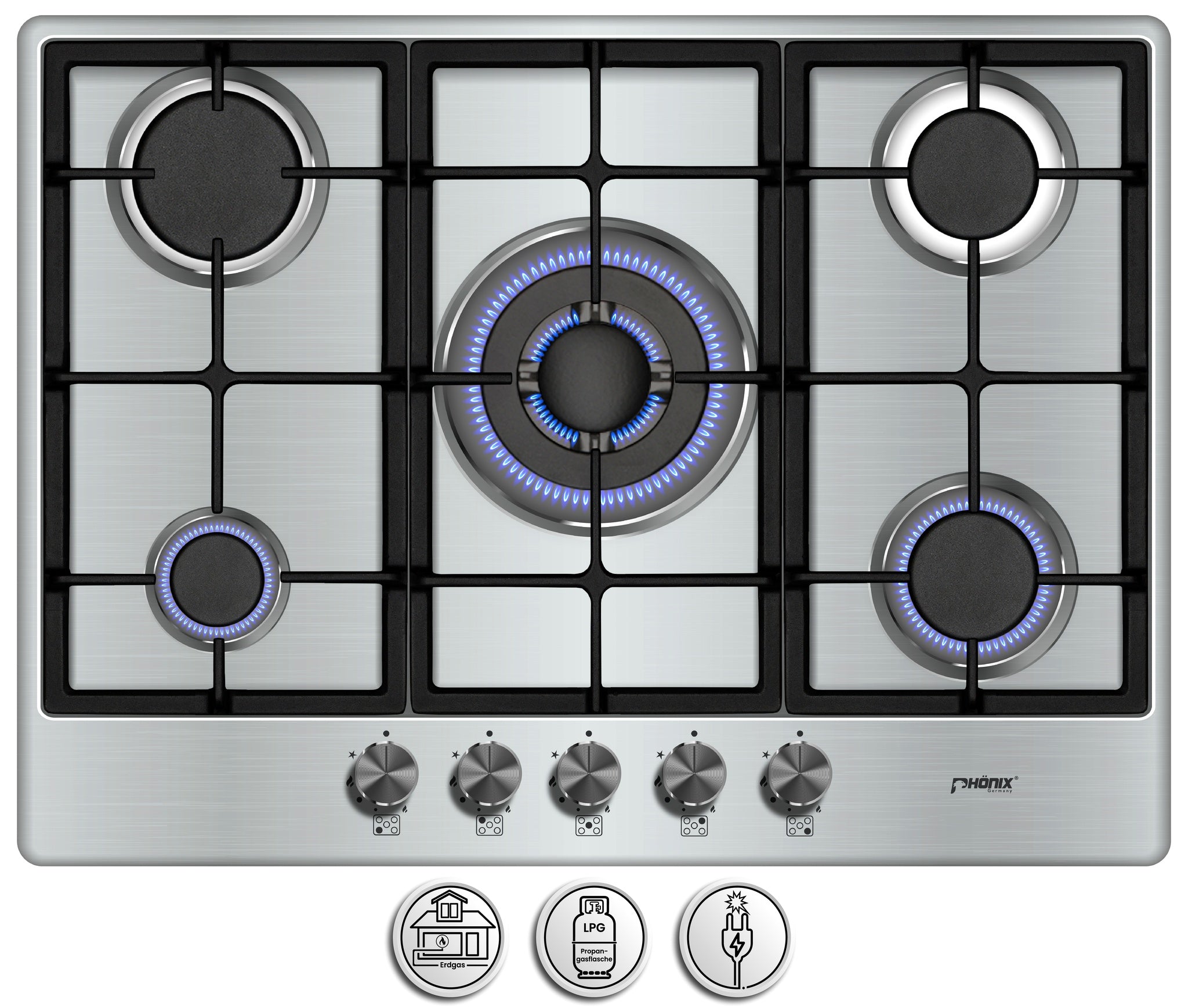 Phönix PS-701T Gaskochfeld 5 flammig Edelstahl Propan /H-Gas