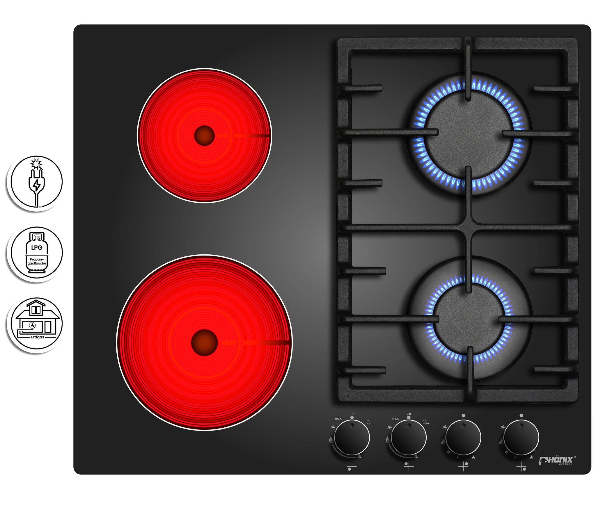 Phönix PG-604ET kombi Gaskochfeld 4 flammig Glaskeramik Kochfeld