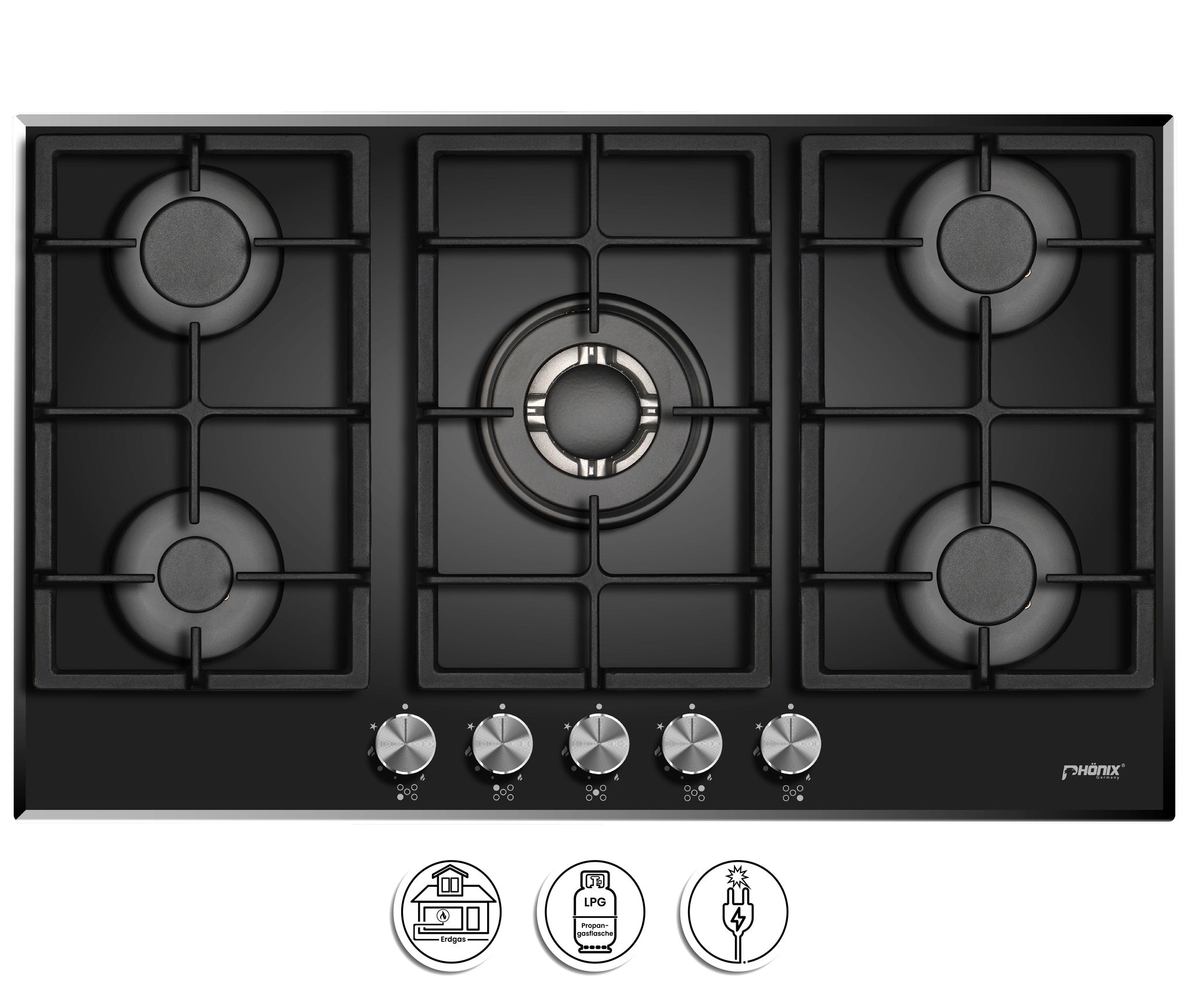 Phönix PG-901T Gaskochfeld 5 flammig Glas Einbauherd LPG/Erdgas