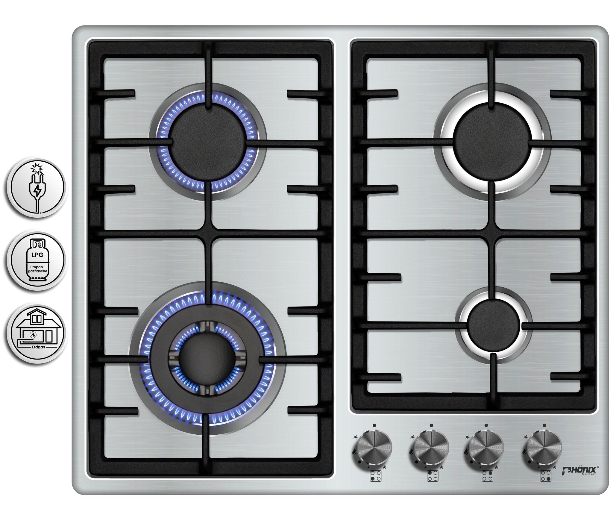 Phönix PS-603T Gaskochfeld 4 flammig Edelstahl Gaskocher Einbauherd