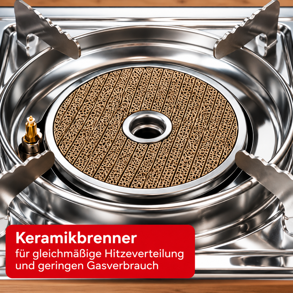 Rsonic Keramik Camping Gaskocher Campingkocher, Piezo, Windschutz inkl. Koffer