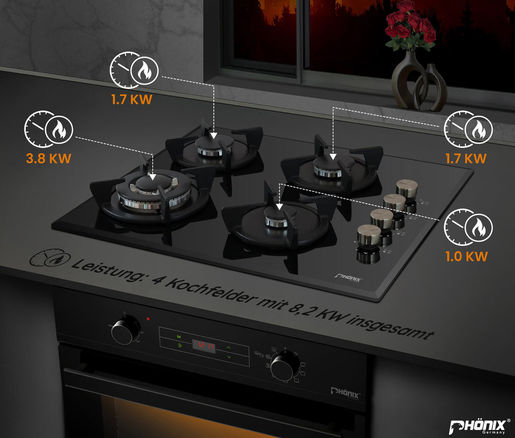 Phönix PG-604ST Einbau Gaskochfeld 4 flammig Glas Gaskocher + Zubehör