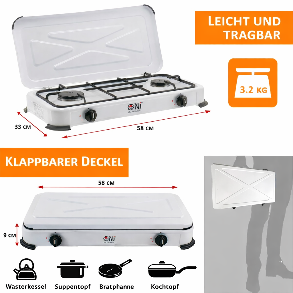 NJ-02 Propan Gaskocher 2 flammig für Camping 3,4 KW mit Deckel