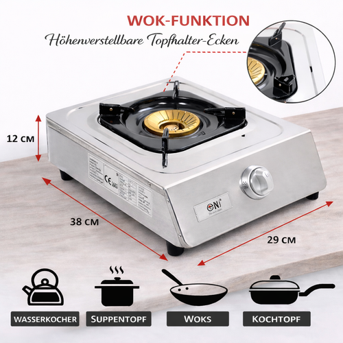 NSD-11 Edelstahl Gaskocher 1 flammig Campingkocher mit Zündsicherung